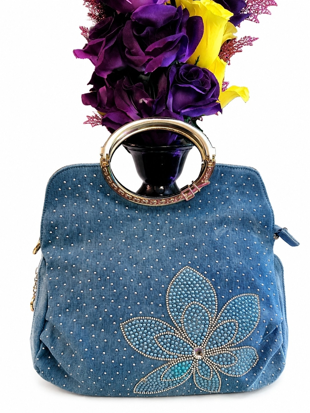 Denim Blue Floral Studded Tote